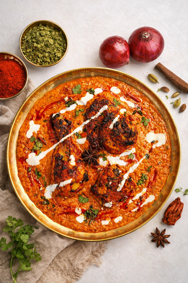 Butter chicken served in a brass plate with rich creamy tomato gravy, tender chicken pieces, and a garnish of fresh cream and Kasuri methi.
