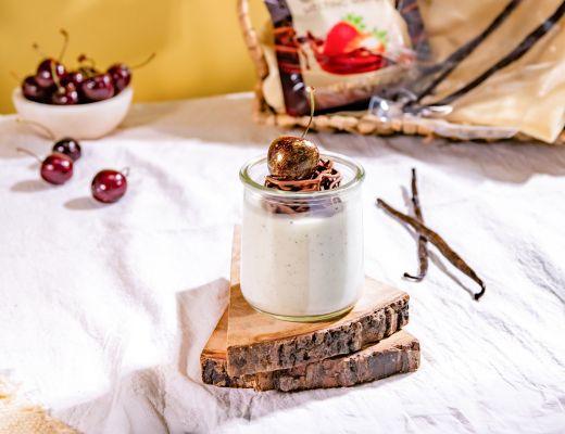 Image of Buttermilk Panna Cotta with Belgian Chocolate Nests and Fresh Tasmanian Cherries