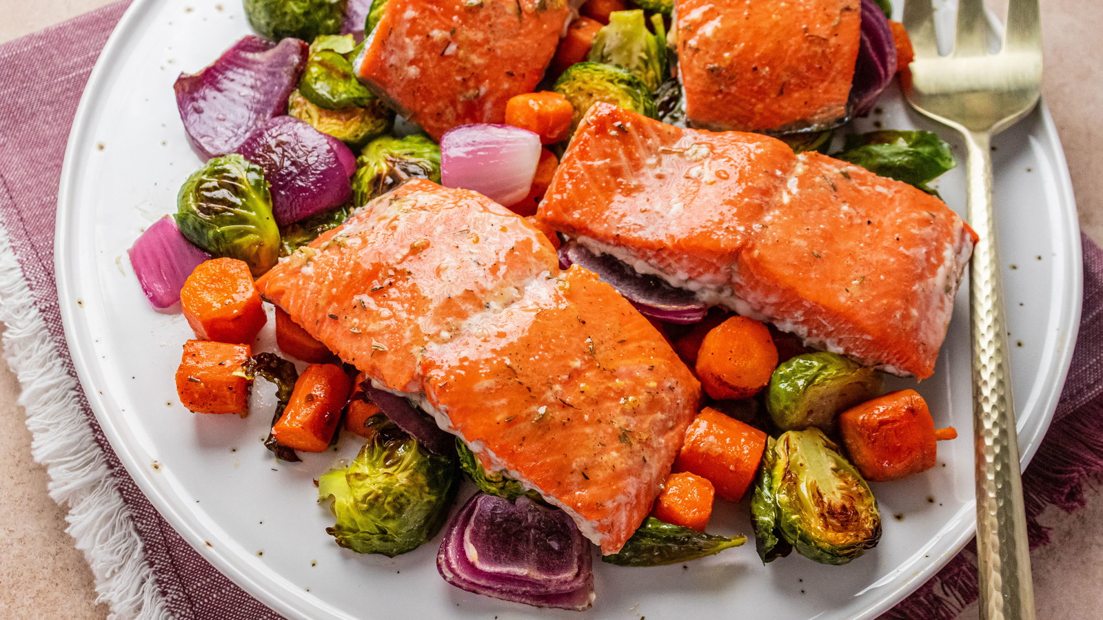 Image of Maple Mustard Salmon Over Roasted Vegetables