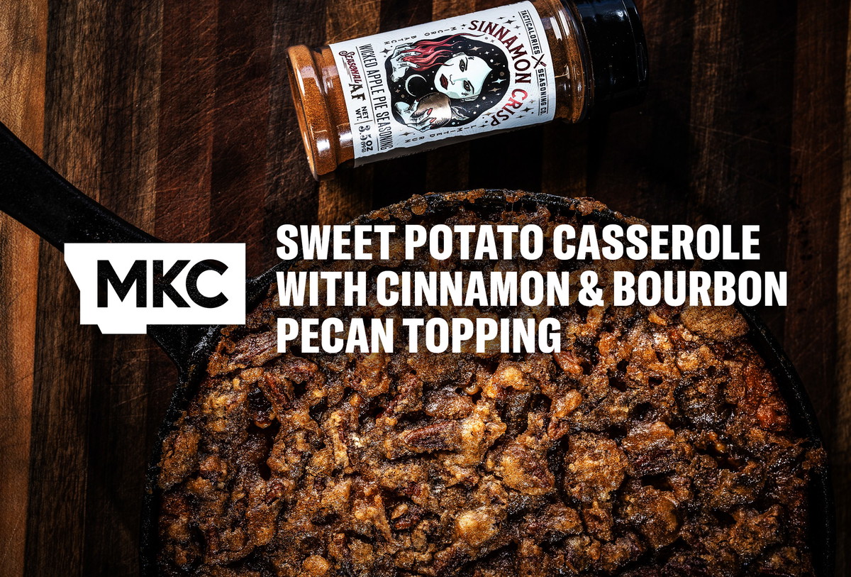 Sweet Potato Casserole With Cinnamon and Bourbon Pecan Topping
