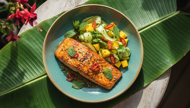 Miso Honey Glazed Salmon with Ginger Mango Salad
