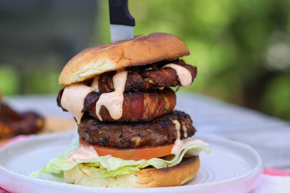 Stuffed Burger with Smoked Bacon Wrapped Onion Rings