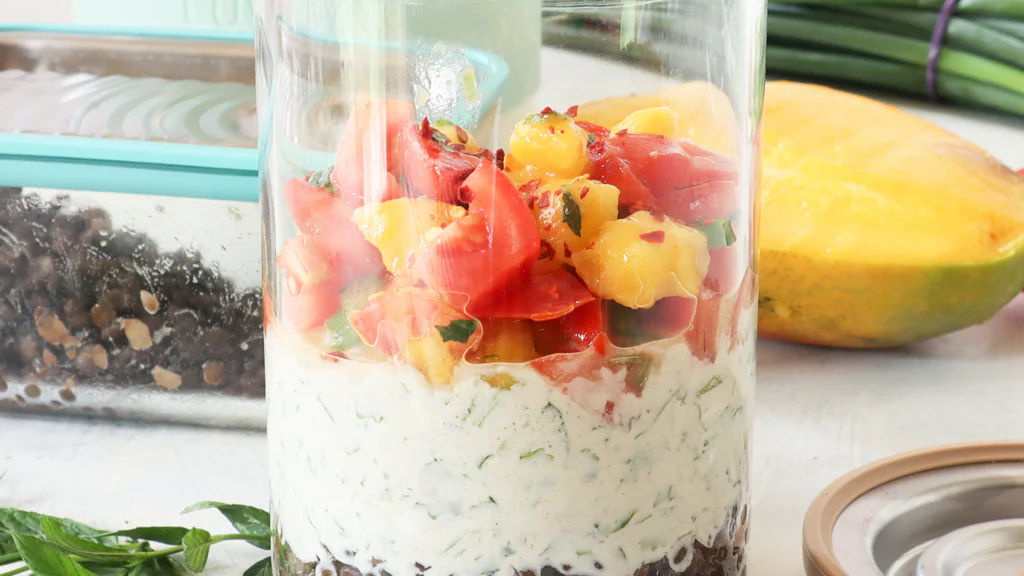 Image of Puy lentil salad with raita and mango salsa