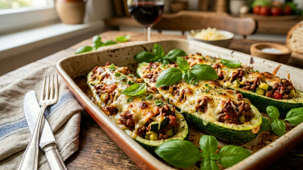 Image of Gefüllte Zucchini-Boote mit Bolognese