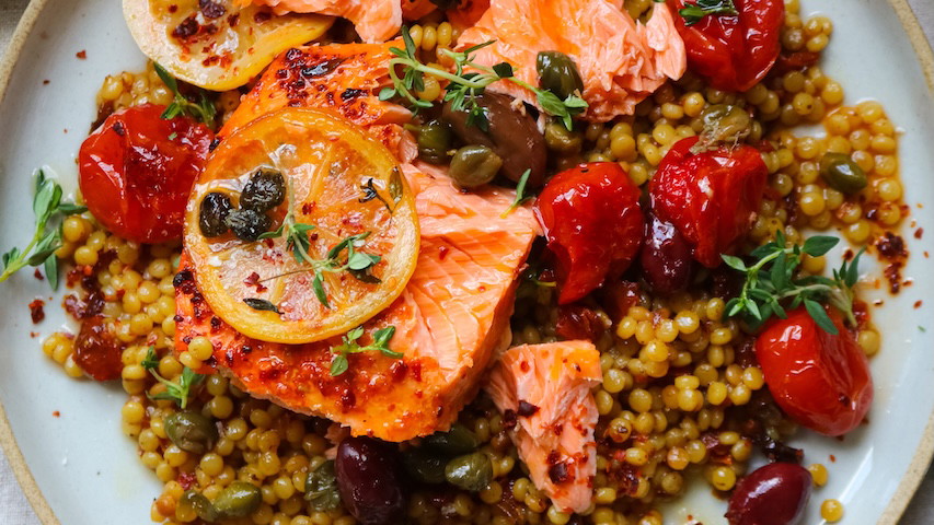 Image of Lemon & Caper Baked Salmon With Black Olive & Tomato Pearl Couscous