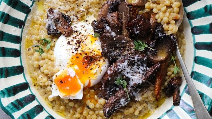 Image of Creamy Mushroom & Pine Nut Couscous Risotto with Balsamic Roasted Mushrooms & Poached Eggs