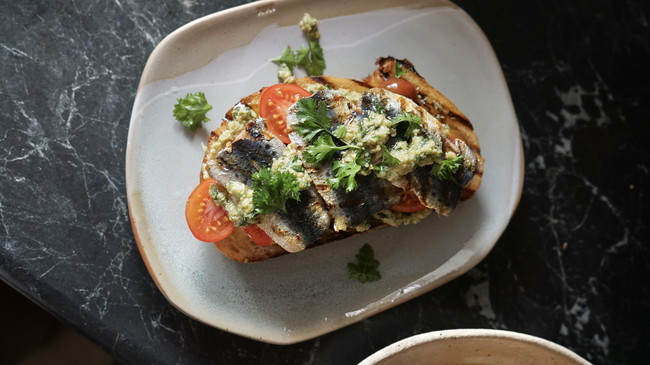 Grilled Sardines with Tomato & Green Olives & Basil Pesto.