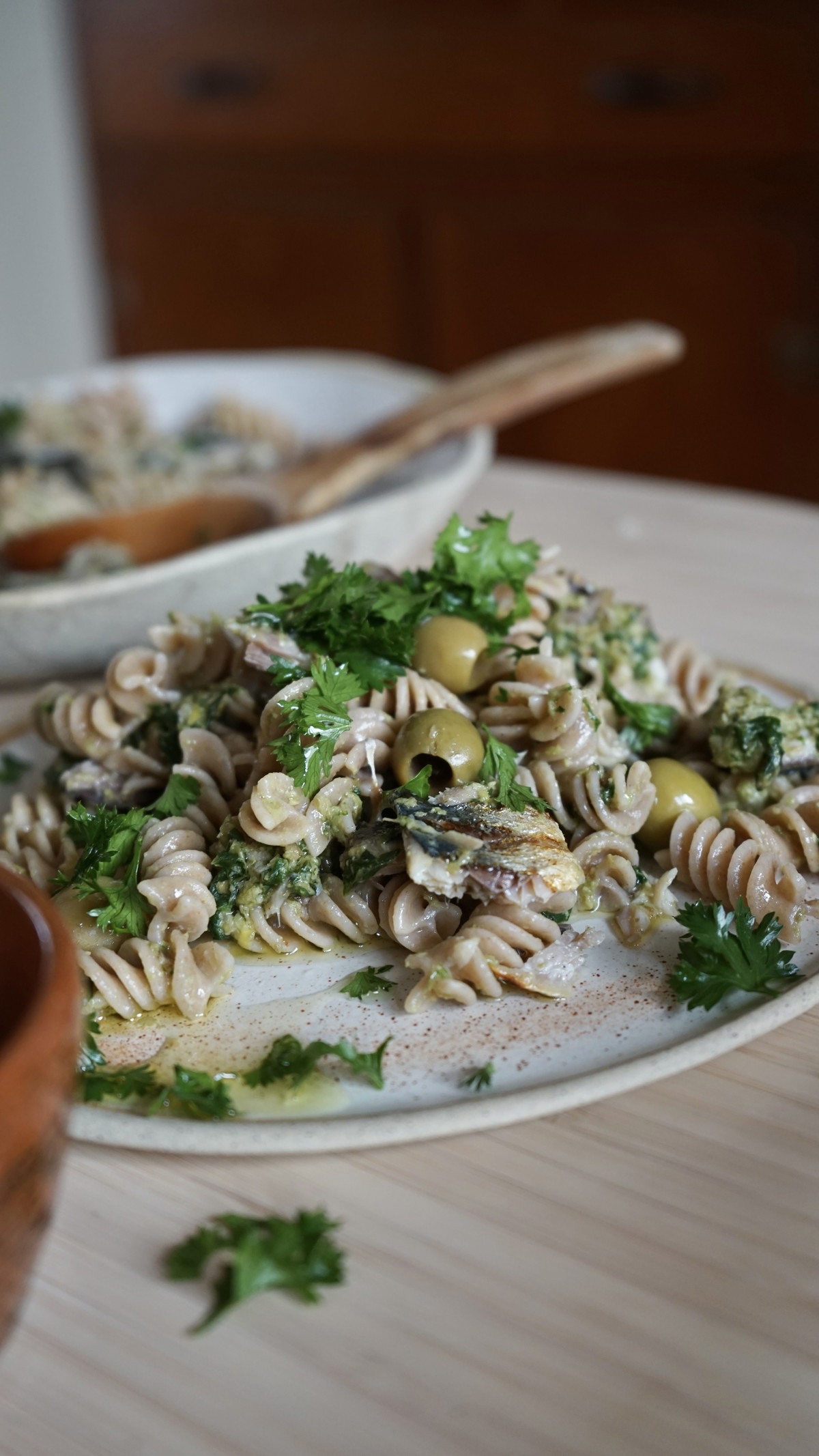 Pitted Green Olive & Basil Pesto with Spelt Fusilli