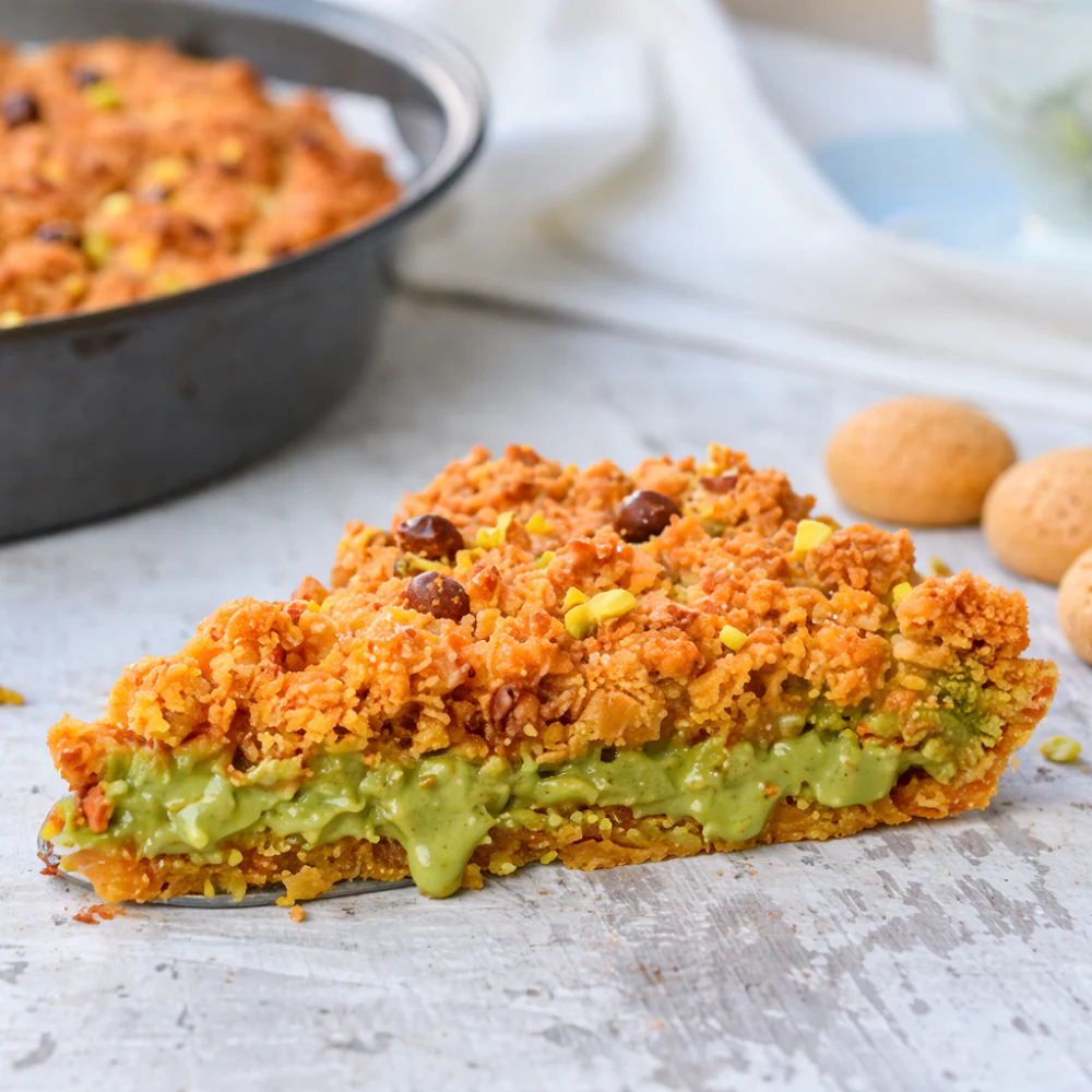 Carnival Crumble Tart with Amaretti and Pistachio Cream