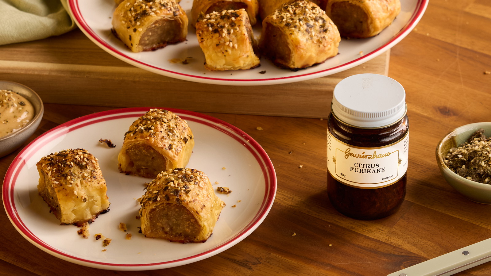 Image of Gyoza-Style Sausage Rolls with Citrus Furikake