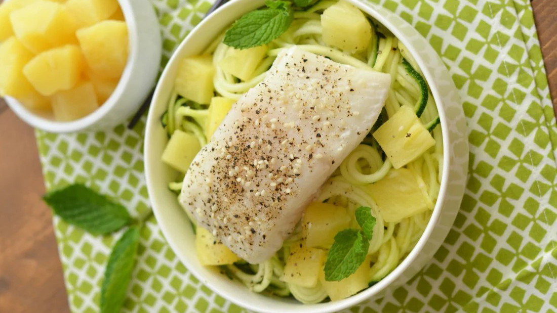 Image of Mint Sesame Pineapple Halibut With Zucchini Noodles