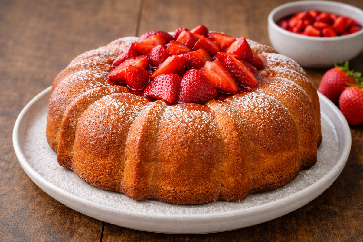 Basil Olive Oil Pound Cake with Strawberry Kiwi Drizzle