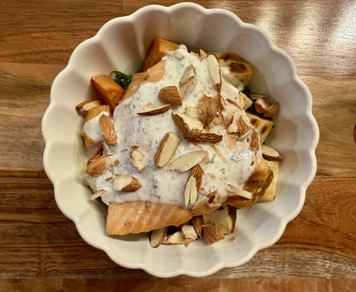 Salmon, Kale, & Sweet Potato Bowl with Dilliscious Dressing