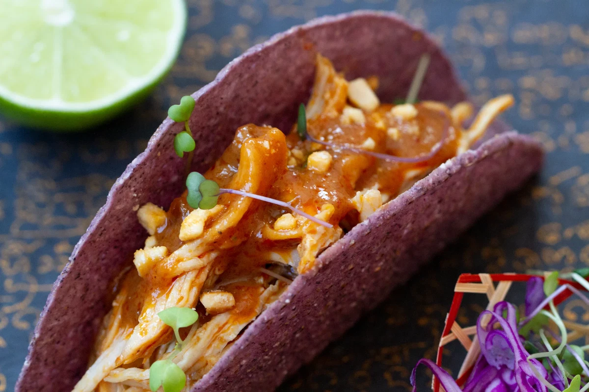 Pulled Chicken Taco with Thai Peanut Sauce