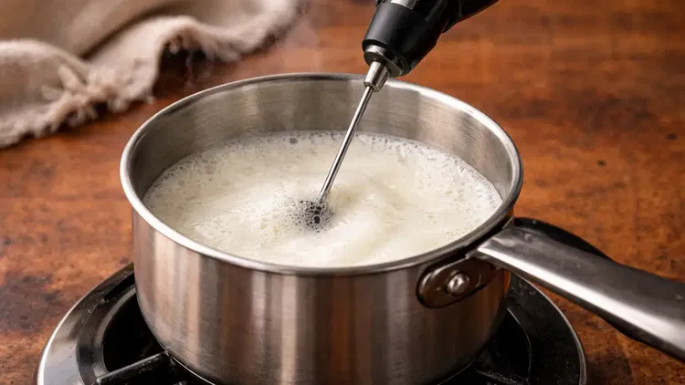 Image of Heat 240 ml of oat milk in a small saucepan...