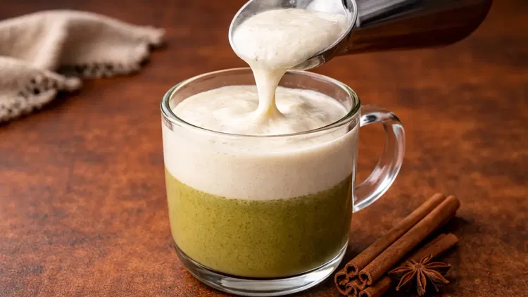 Image of Pour the whisked matcha chai mixture into a wide latte...