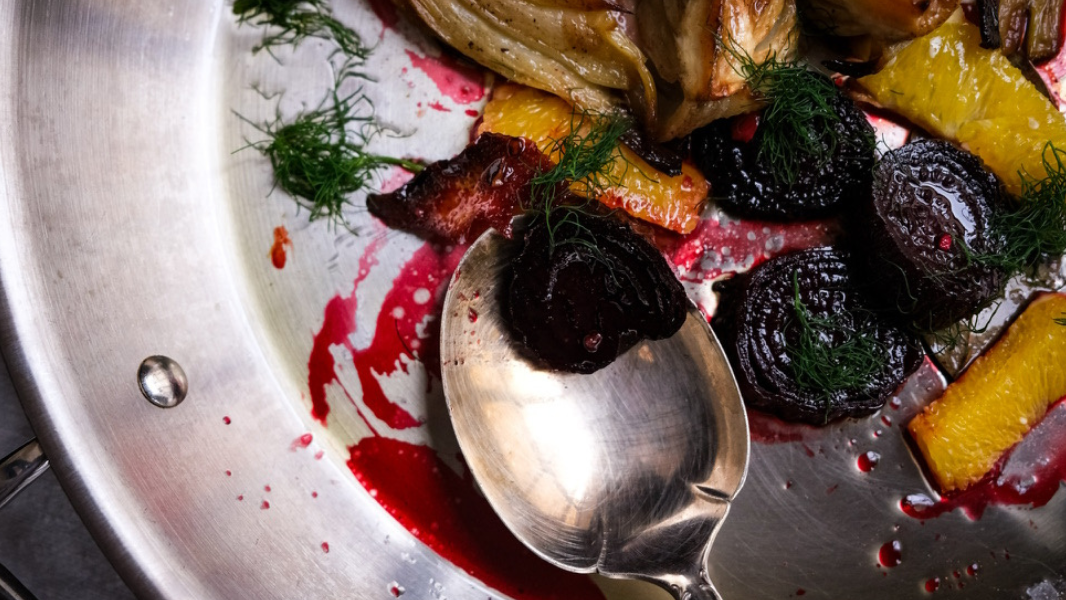 Image of Reverse-Seared Citrus Beets with Roasted Radicchio, Honeyed Orange Glaze, and Pistachio