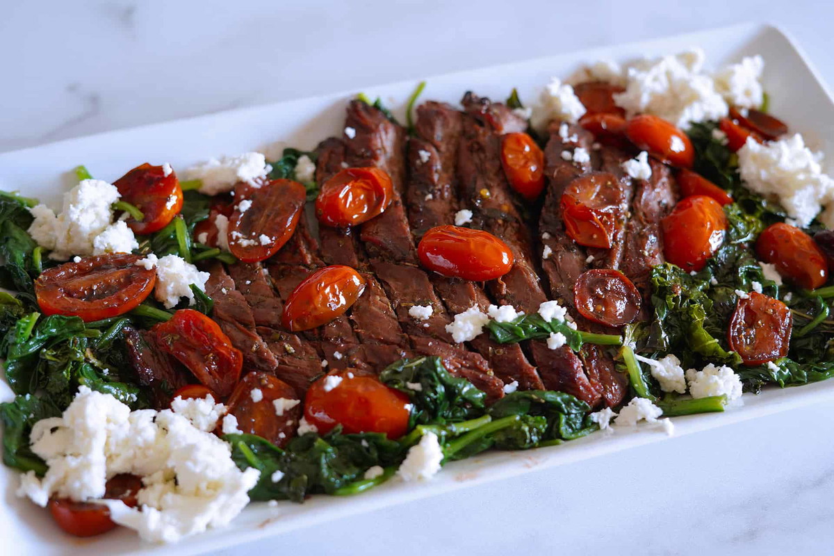 Balsamic Marinated Flank Steak with Sautéed Tomatoes & Spinach Recipe