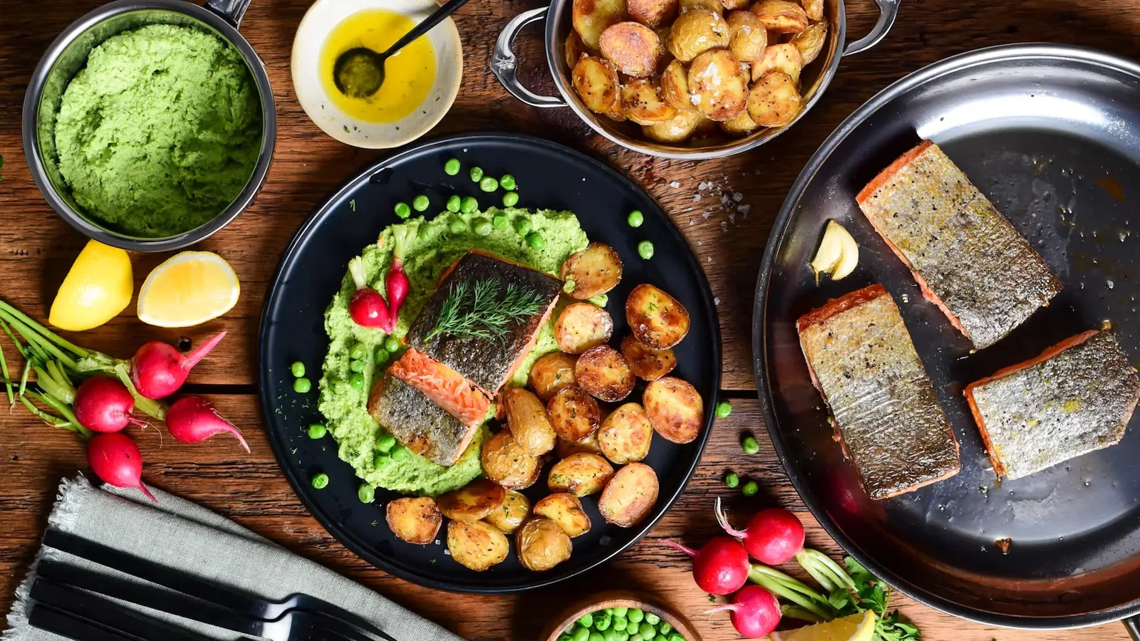 Image of Crispy Salmon with Pea Purée & Roasted Potatoes