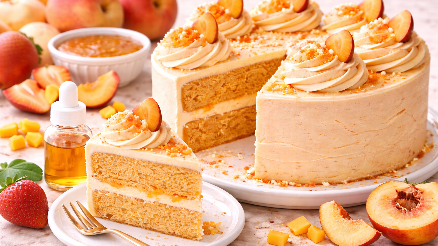 Moist Peach Layer Cake with Oil-Soluble Peach Extract — Summer Peach Cake Recipe