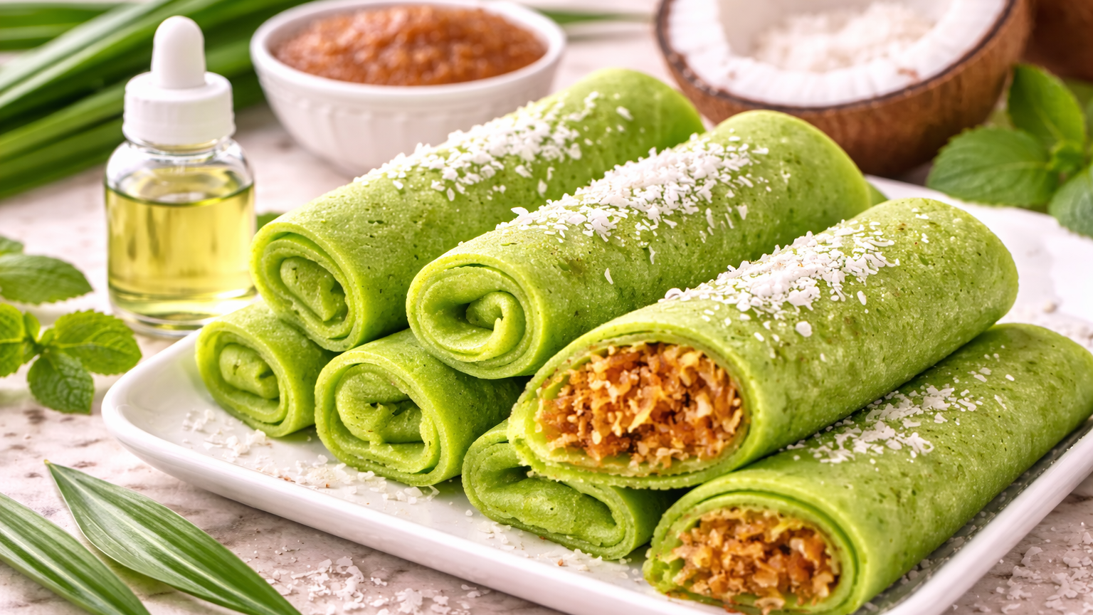 Vibrant Pandan Pancakes with Coconut Filling (Kueh Dadar / Dadar Gulung Style)