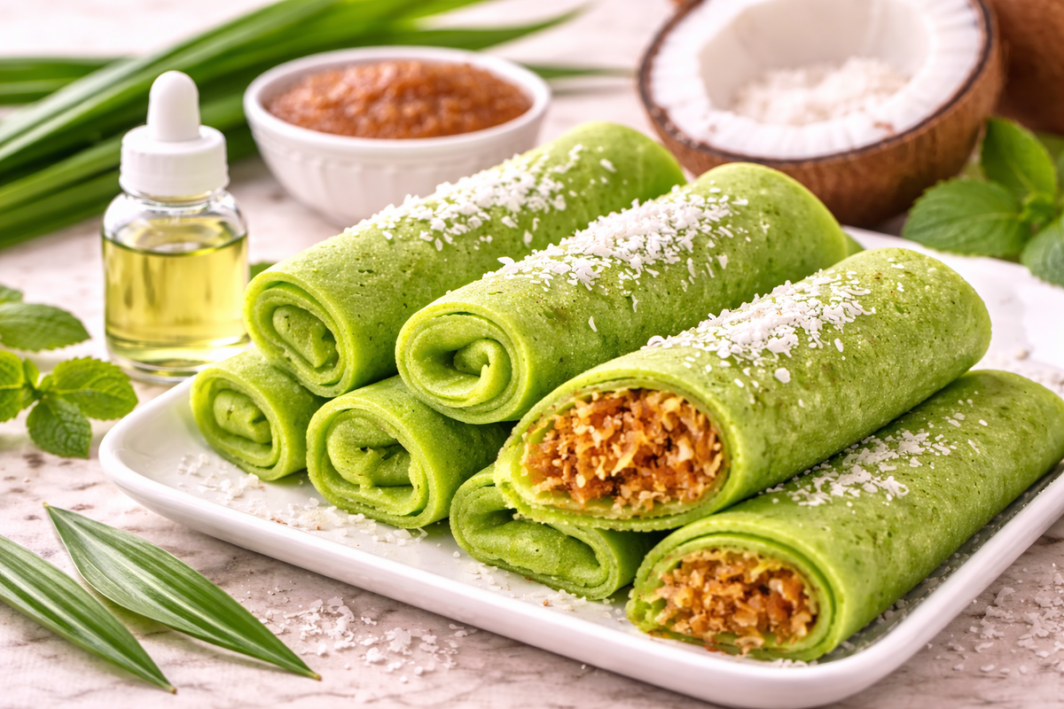 Vibrant Pandan Pancakes with Coconut Filling (Kueh Dadar / Dadar Gulung Style)