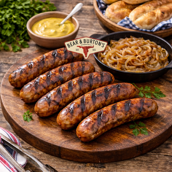 Grilled Bratwurst with Bear & Burton's W Sauce Glaze