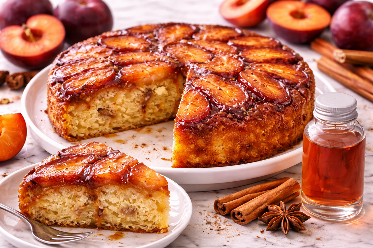 Plum Flavor Extract Upside‑Down Cake | Moist Plum Extract Caramel Cake