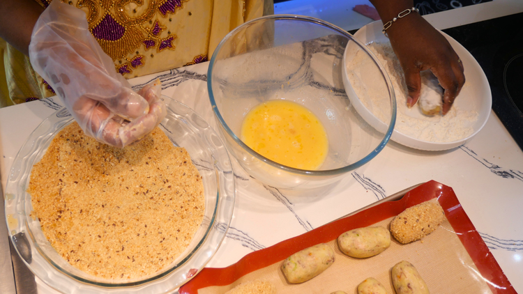 Image of For a crumbing station. In one bowl add eggs and...