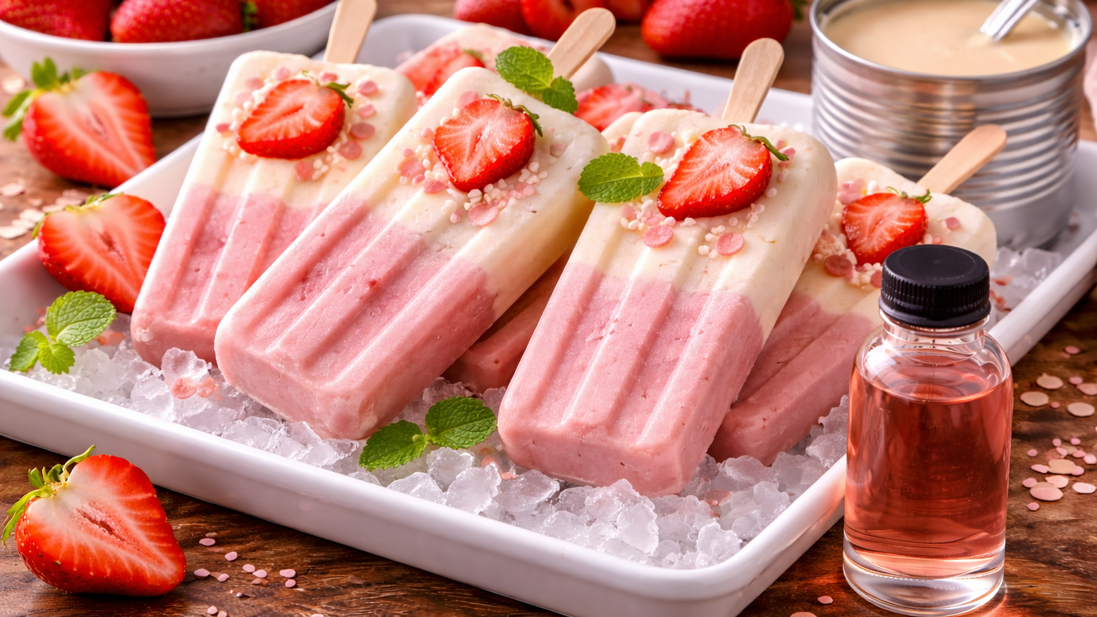 No‑Blend Strawberry Creamsicle Pops with Creamy Sweetened Condensed Milk
