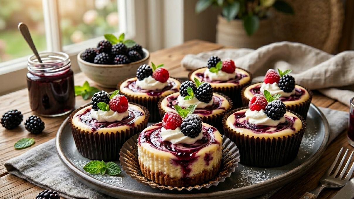 Decadent Blackberry Extract Mini Cheesecakes: Swirled Berry Bliss
