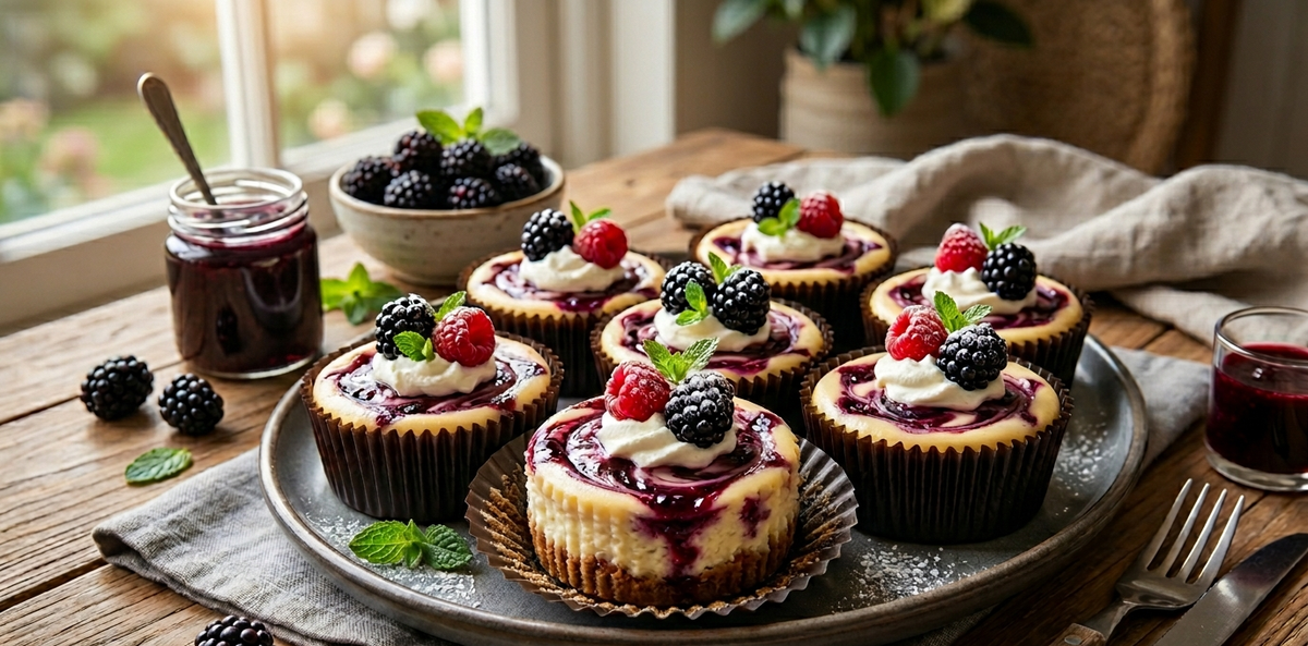 Decadent Blackberry Extract Mini Cheesecakes: Swirled Berry Bliss