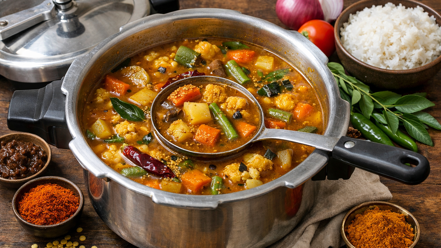 20-Minute Mixed Vegetable Sambar with Tamarind Extract – Easy Pressure Cooker