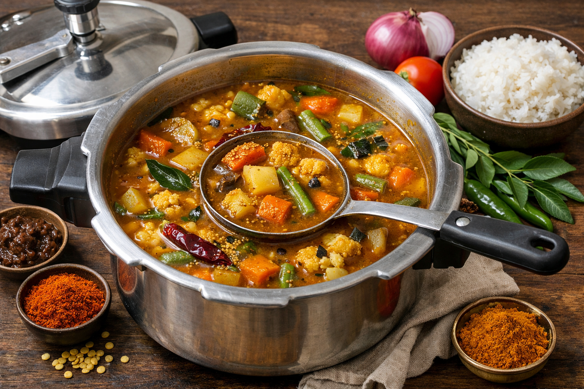 20-Minute Mixed Vegetable Sambar with Tamarind Extract – Easy Pressure Cooker