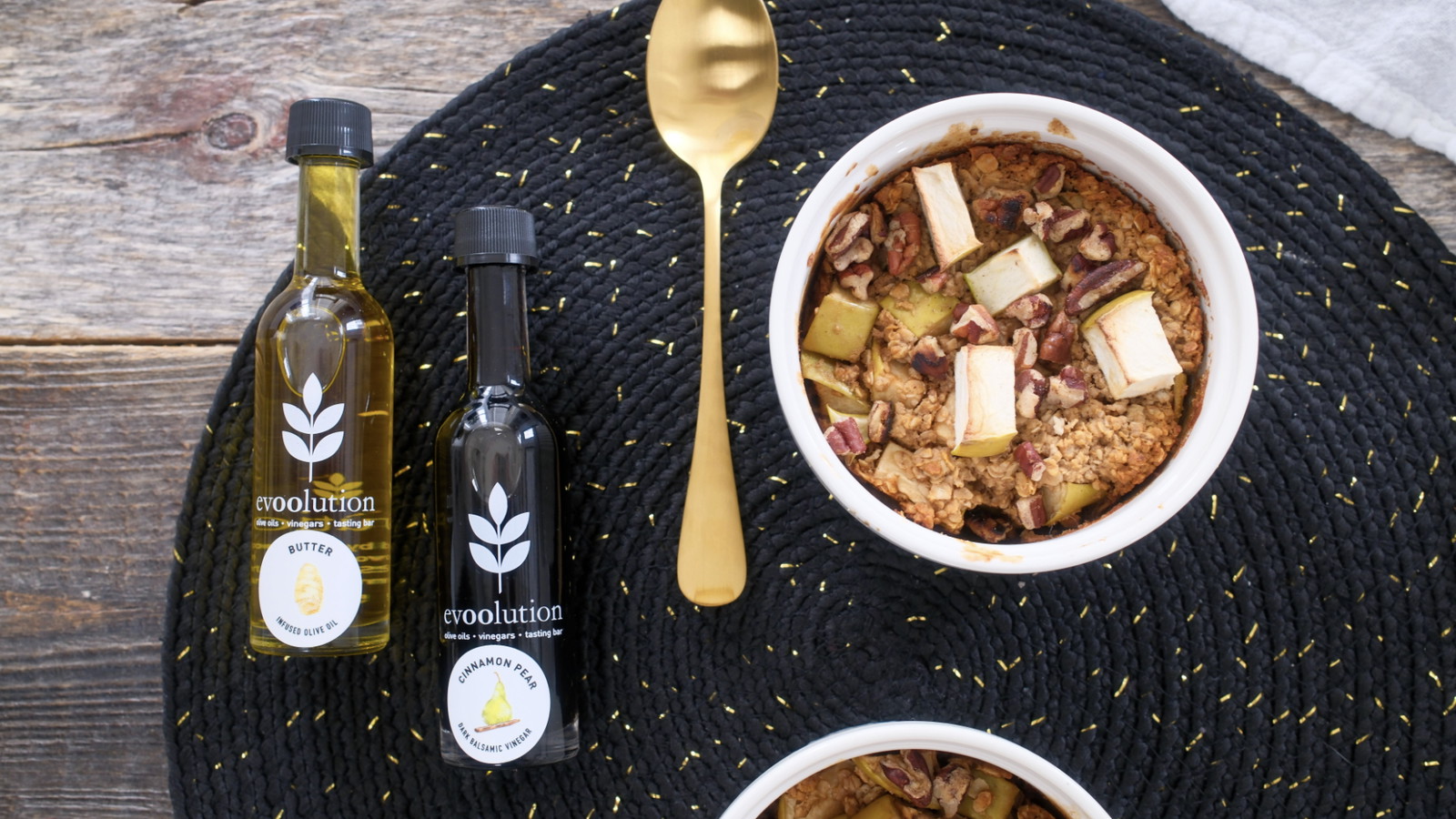 Image of Cinnamon Apple Baked Oatmeal with Butter Olive Oil and Cinnamon Pear Balsamic