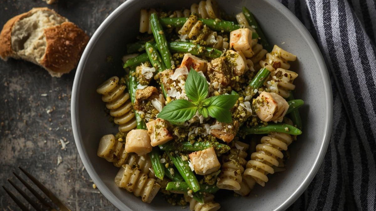 Blistered Green Bean & Pesto Chicken Radiatori Pasta