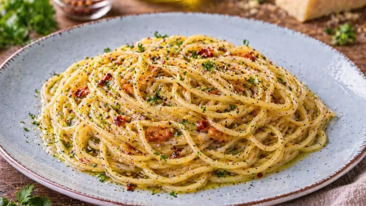 Spaghetti Aglio e Olio mit Knoblauch, Chili und Olivenöl auf einem hellen Keramikteller