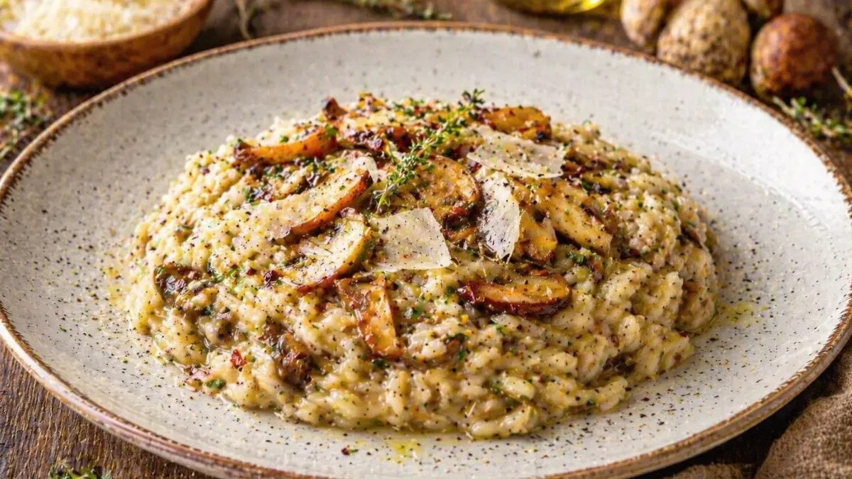 Cremiges Steinpilz-Risotto mit Parmigiano und Olivenöl auf einem Teller angerichtet