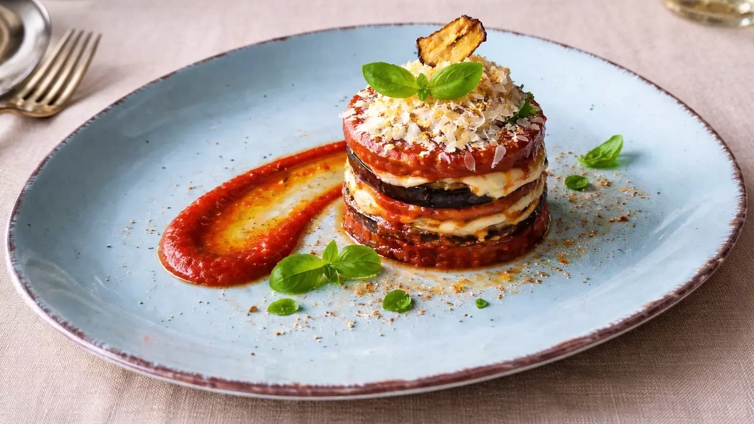Melanzane alla Parmigiana mit Auberginen, Tomatensauce und Käse auf einem Teller angerichtet
