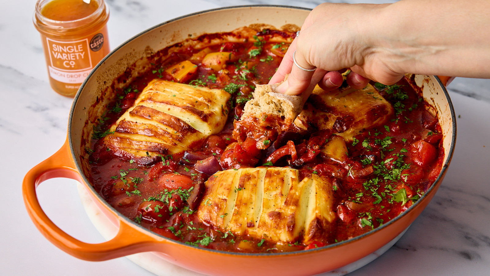 Image of One Pan Spicy Halloumi Traybake with Lemon Drop Chilli Jam