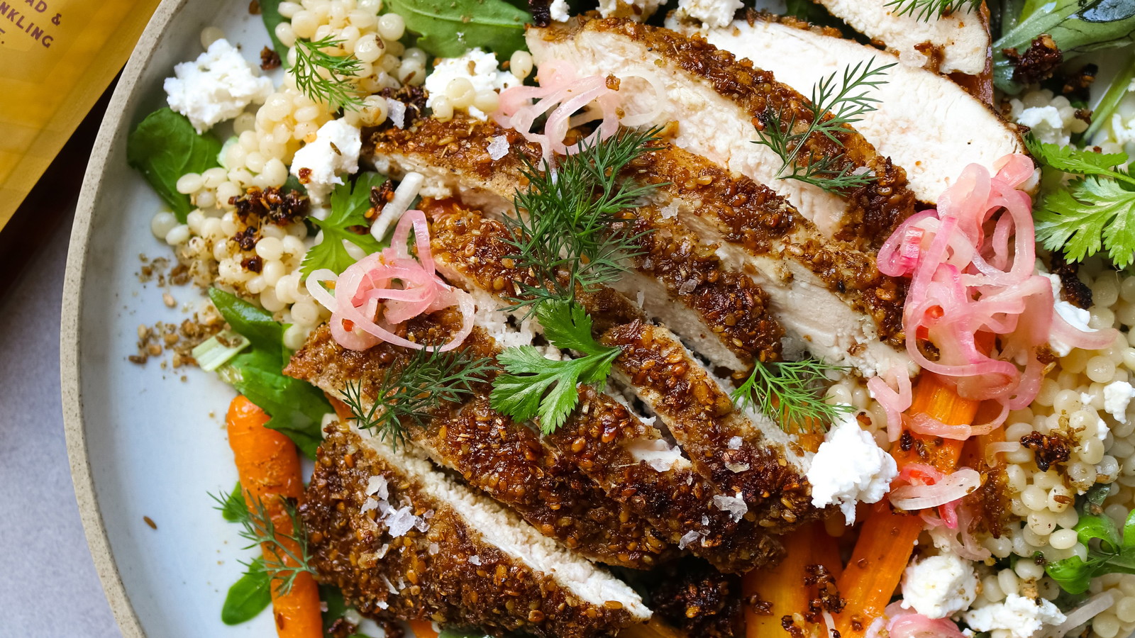 Image of Dukkah Crusted Chicken Salad With Baby Carrots & Feta