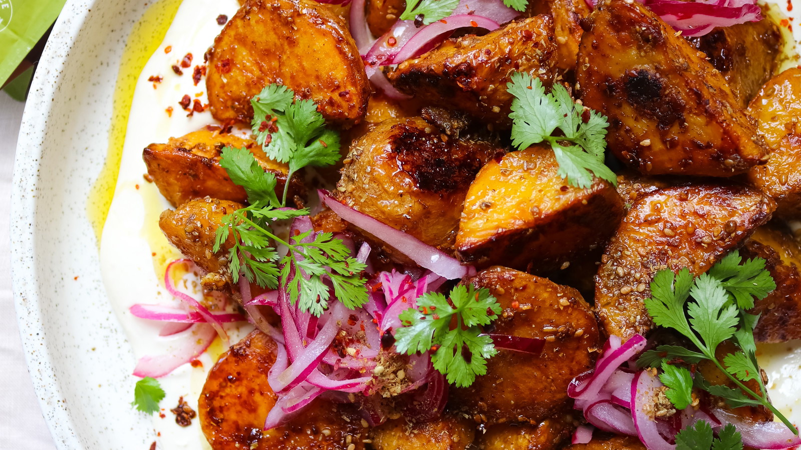 Image of Honey & Dukkah Roasted Potatoes With Whipped Feta & Pickled Onion