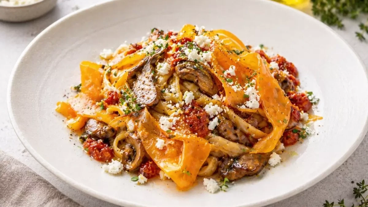 Steinpilz-Pasta mit Tomatensauce, Kürbis-Carpaccio und Schafskäse angerichtet