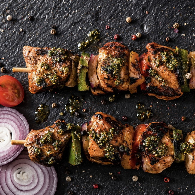 Image of juicy pesto chicken skewers
