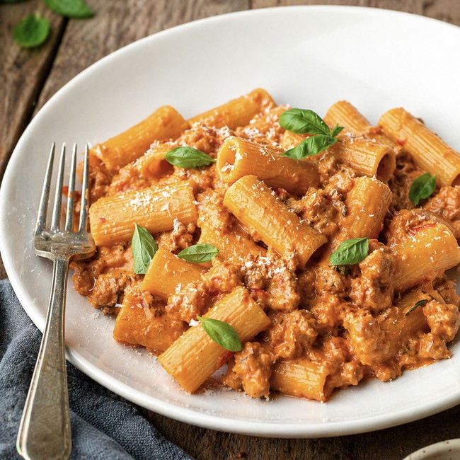Image of creamy sausage rigatoni (spicy if you feel like it)