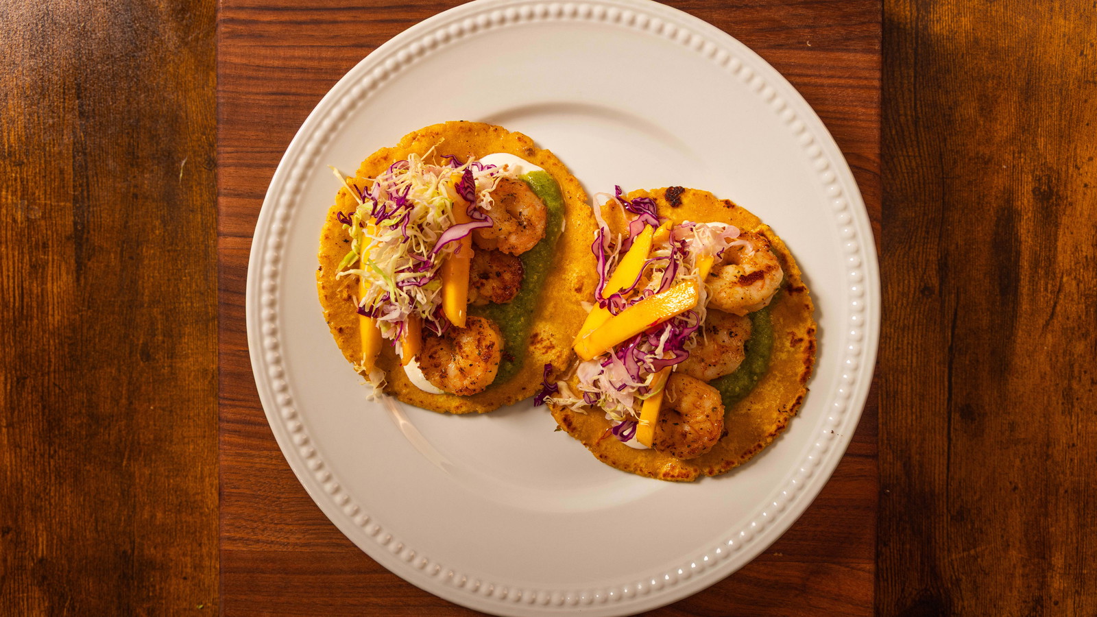 Easy Shrimp Tacos with Mango Slaw and Salsa Verde