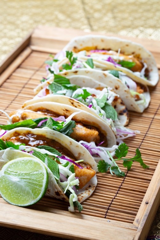 Coconut Tempura Fish Tacos with Mint Cabbage Slaw