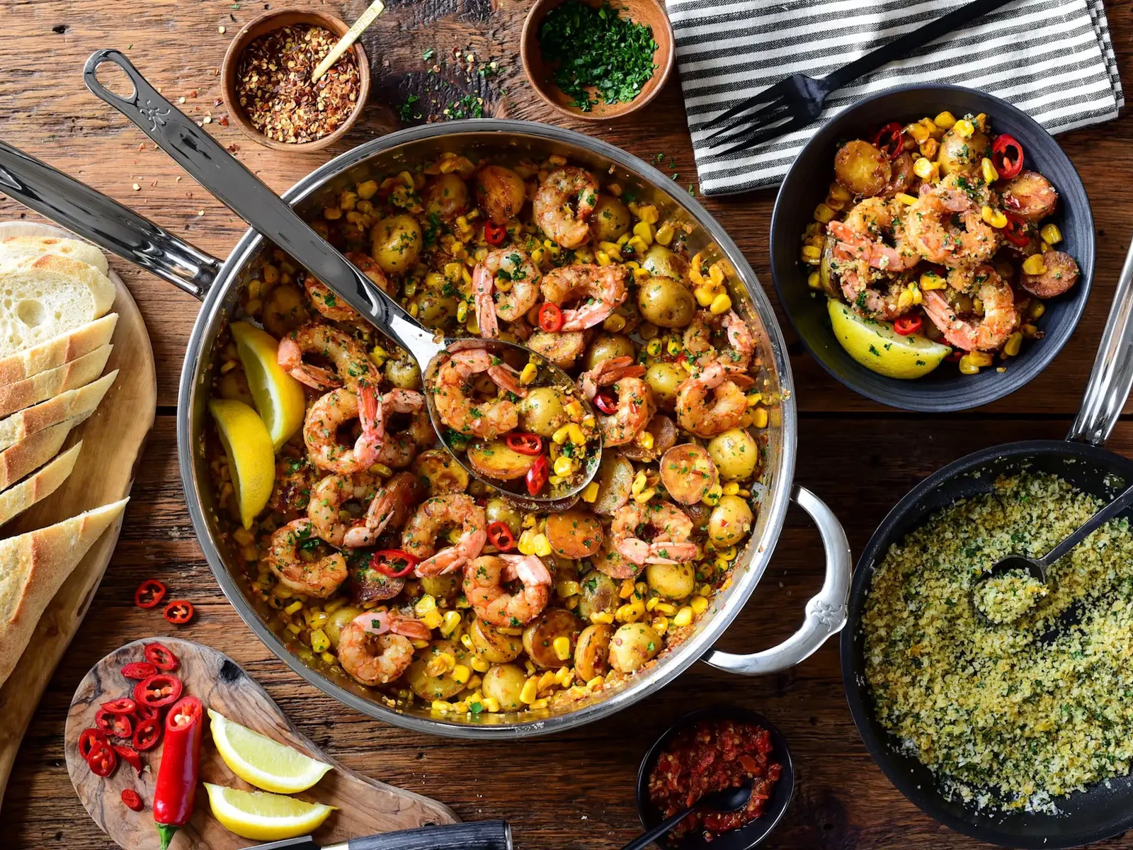 調理器具 Gourmet Tec Thermal Cookware Spicy Calabrian Shrimp with Corn, Potatoes & Pangrattato – Hestan