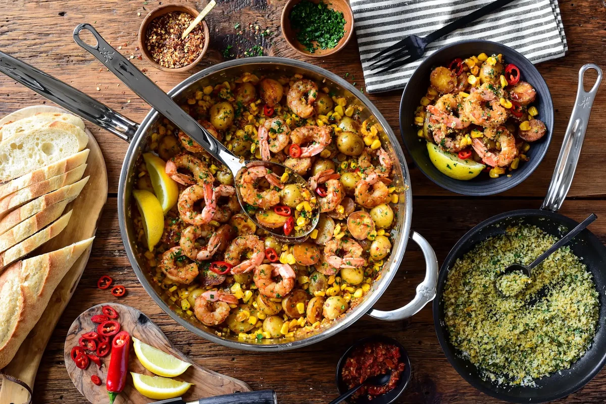 Spicy Calabrian Shrimp with Corn, Potatoes & Pangrattato