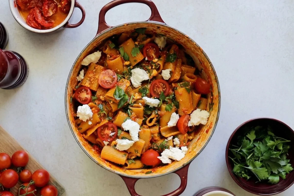 Creamy rigatoni with sun-dried tomatoes and ricotta